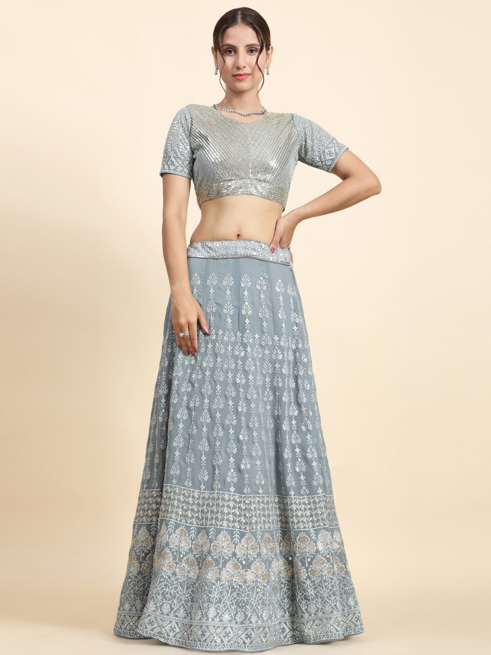 Exquisite Faux Georgette Sequin Embroidered Lehenga Set