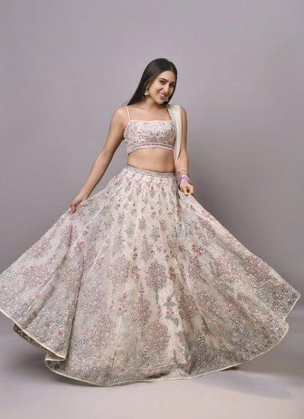 Exquisite Cream Georgette Lehenga Choli with Multi Thread Embroidery