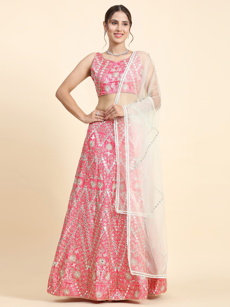 Elegant Pink Malai Satin Silk Lehenga Set