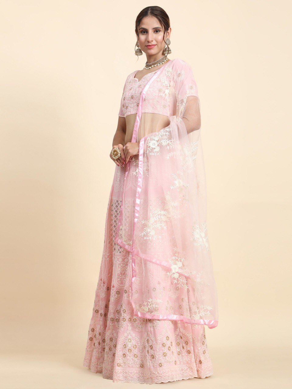 Faux Georgette Sequin Embroidered Lehenga Set
