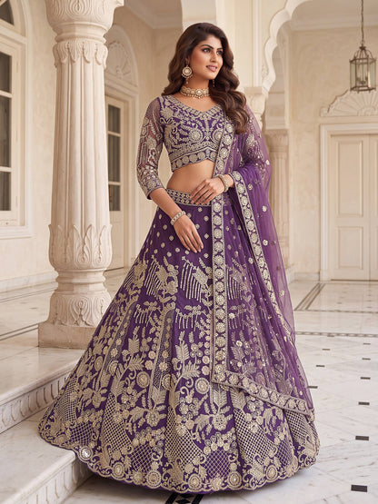 Designer Butterfly Net Lehenga Choli with Sequins & Cording Embroidery Work | Semi-Stitched Wedding & Party Wear Lehenga