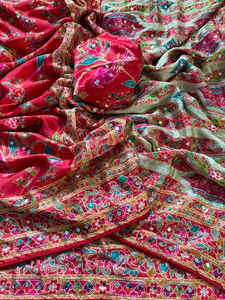 Shiny Chinnon Silk Fabric Ajarakh Print Ari Work Saree