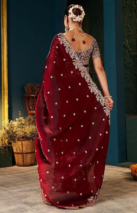 Fendy Satin Silk Embroidered Saree with Cut-Work Pallu and Matching Blouse