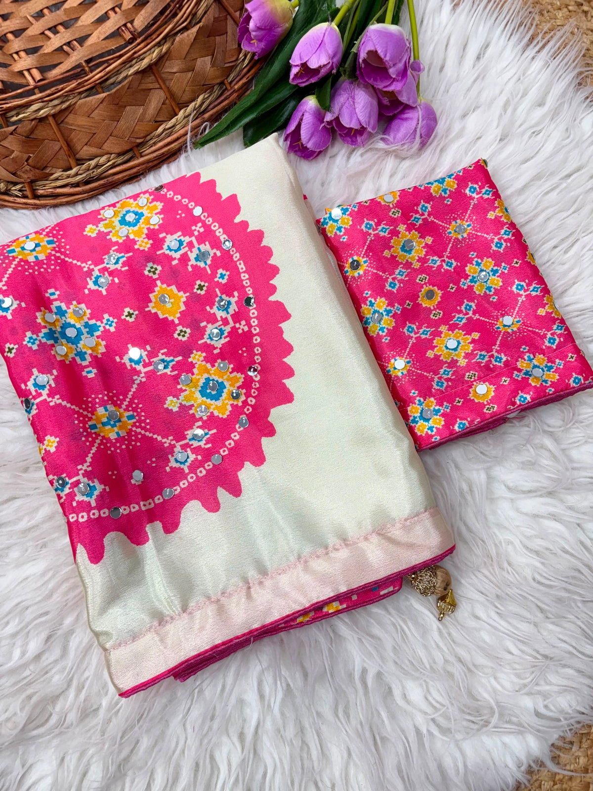 Soft Chinnon Printed Blouse with Real Mirror Work Saree