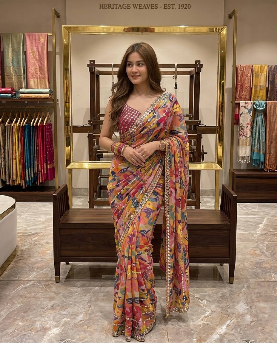 Elegant Digital Printed Star Georgette Saree with Handcrafted Real Mirror & Bead Embellishments