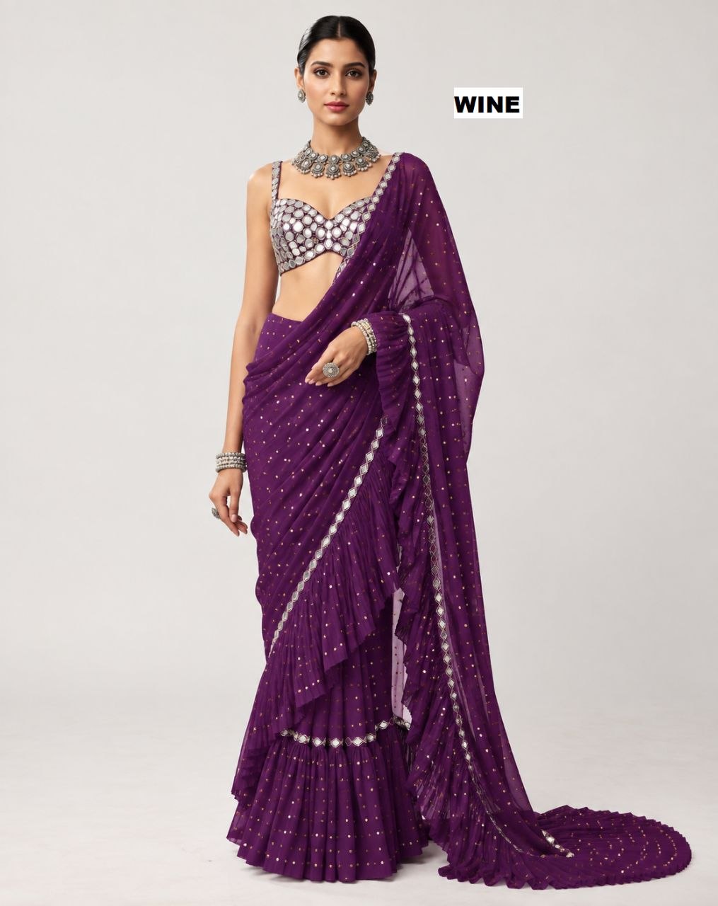 Sequins Faux Georgette Saree with Crush Pleats & Stitched Real Mirror Work Blouse