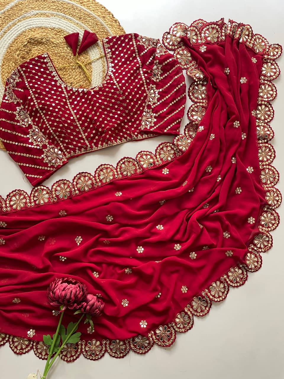 Faux Georgette Saree with 5mm Sequins & Handwork Mirror Lace Border