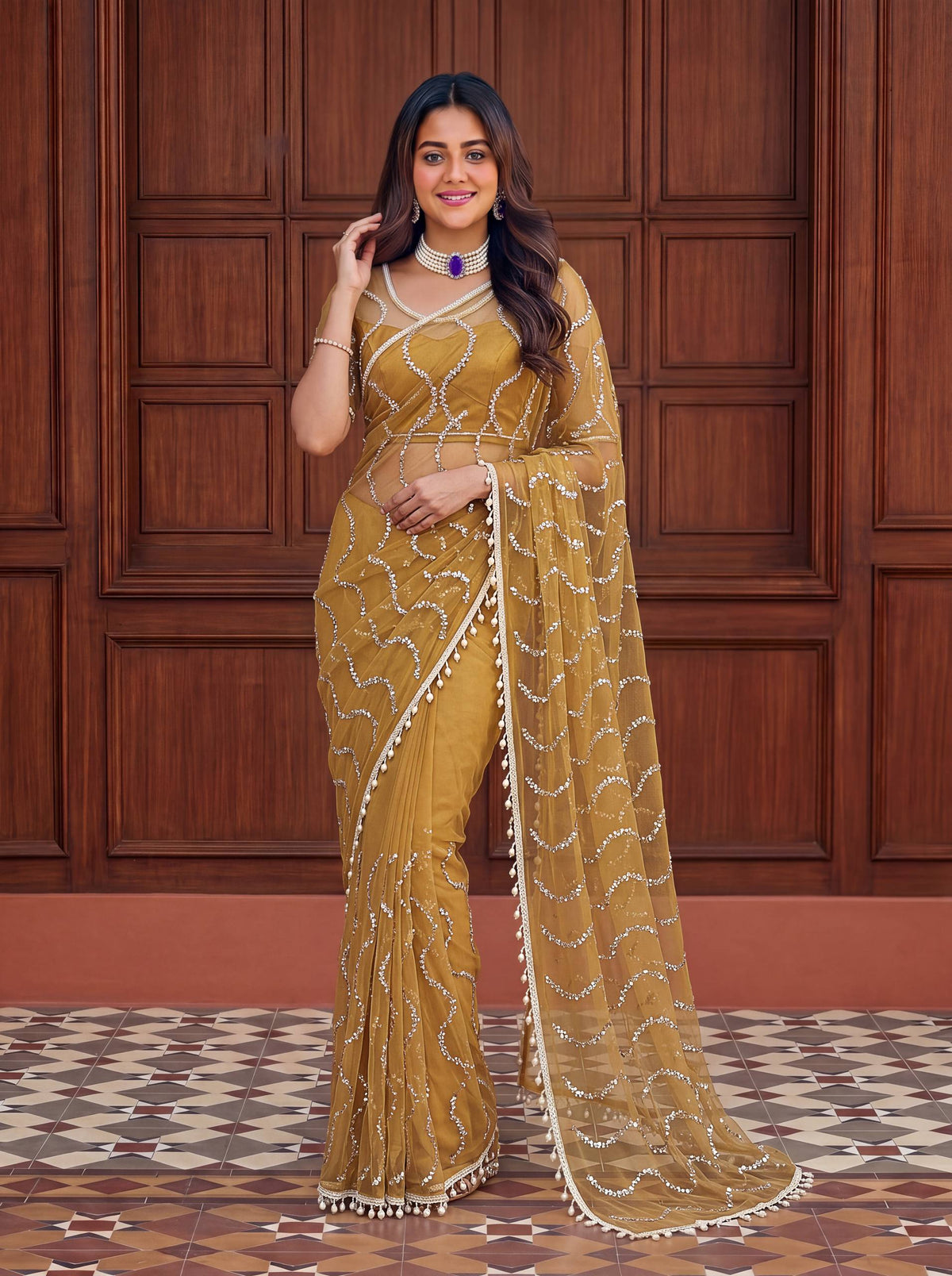 designer Net Embroidered Saree with Beads, Sequins & Pearl Work | Matching Unstitched Blouse