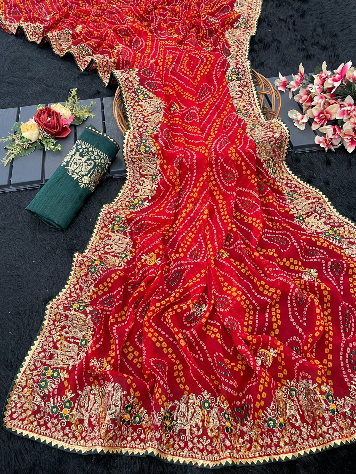Red Soft Georgette Bandhani Saree with Heavy Embroidered Border & Banglori Satin Blouse Piece