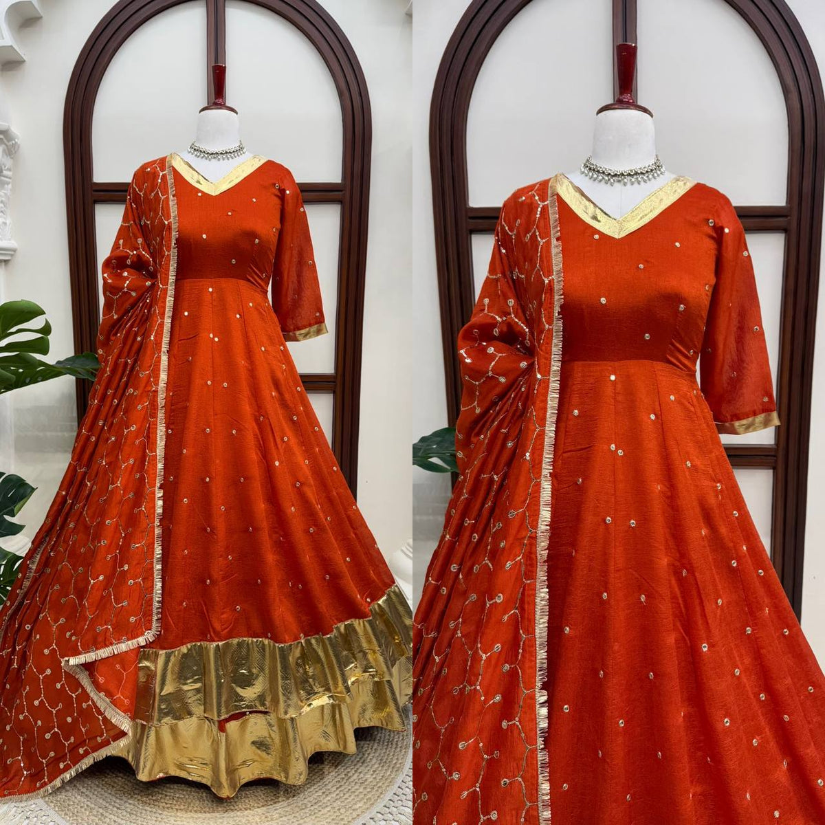 Rust orange Anarkali set styled on model