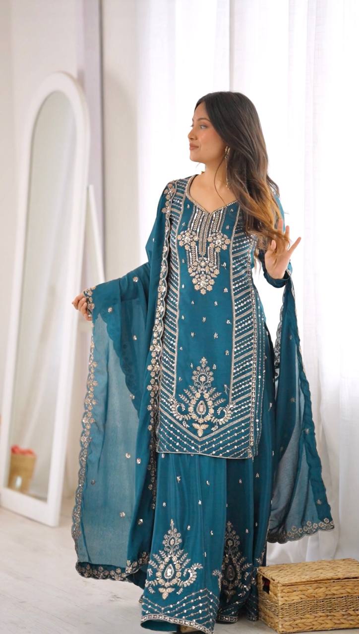 SP-107 teal Chinon silk suit side model view