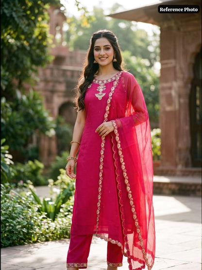 Model wearing pink embroidered kurta set reference photo 2