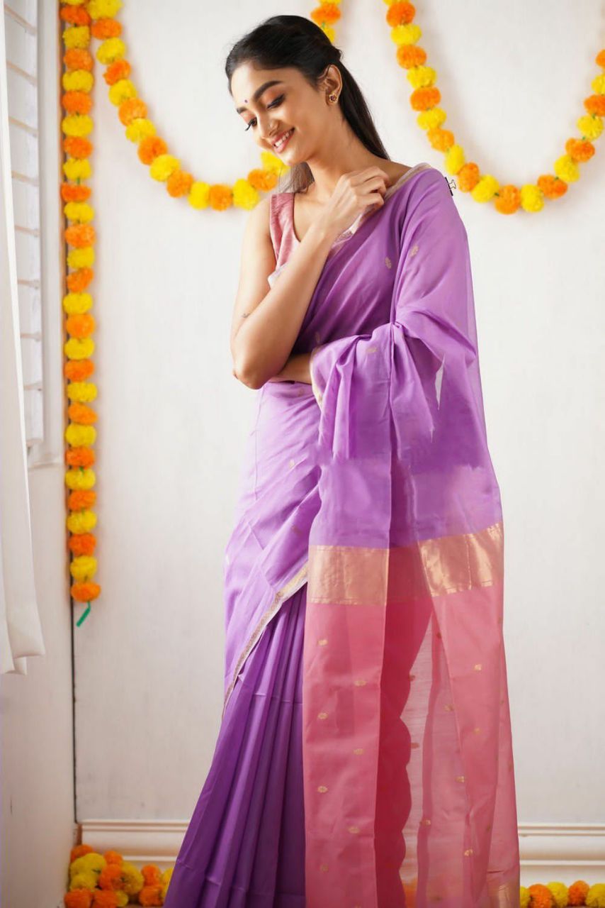 Elegant Soft Linen Slub Saree with Rich Jacquard Weave & Contrast Border Blouse
