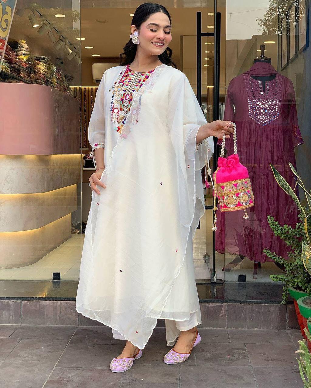 Chanderi Mirror Embroidered Salwar Suit