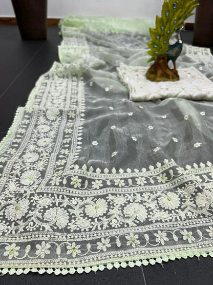 Attractive Organza Silk With Fancy Embroidery Work Saree