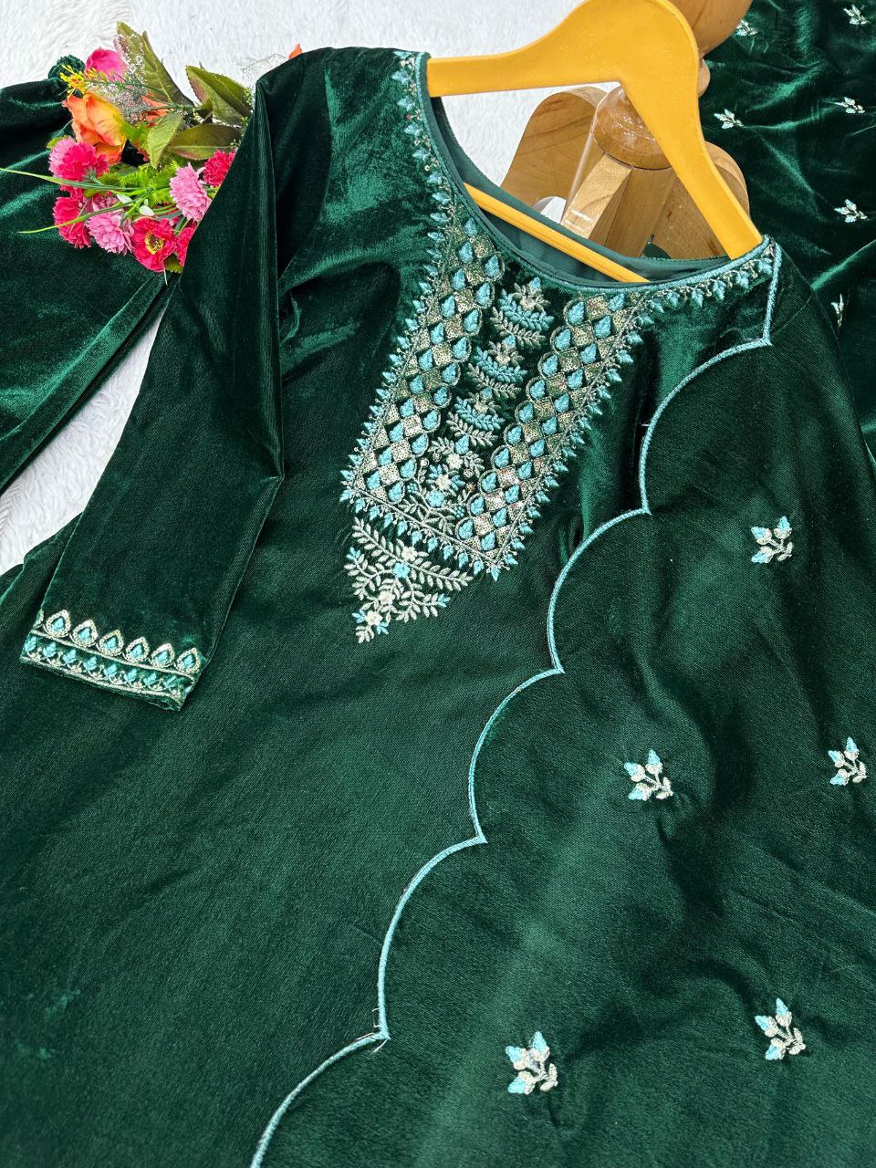 Beautiful Green Color Heavy Velvet Thread Sequence Work Salwar Suit