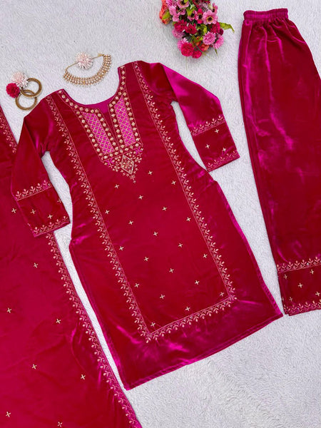 Beautiful Pink Color Heavy Velvet Thread Sequence Work Salwar Suit