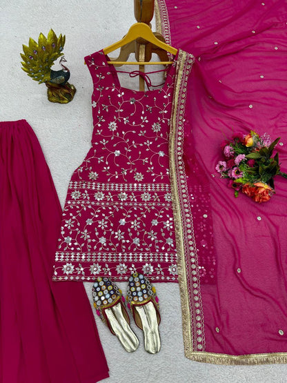 Beautiful Pink Color Georgette Embroidery Palazzo  Salwar Suit