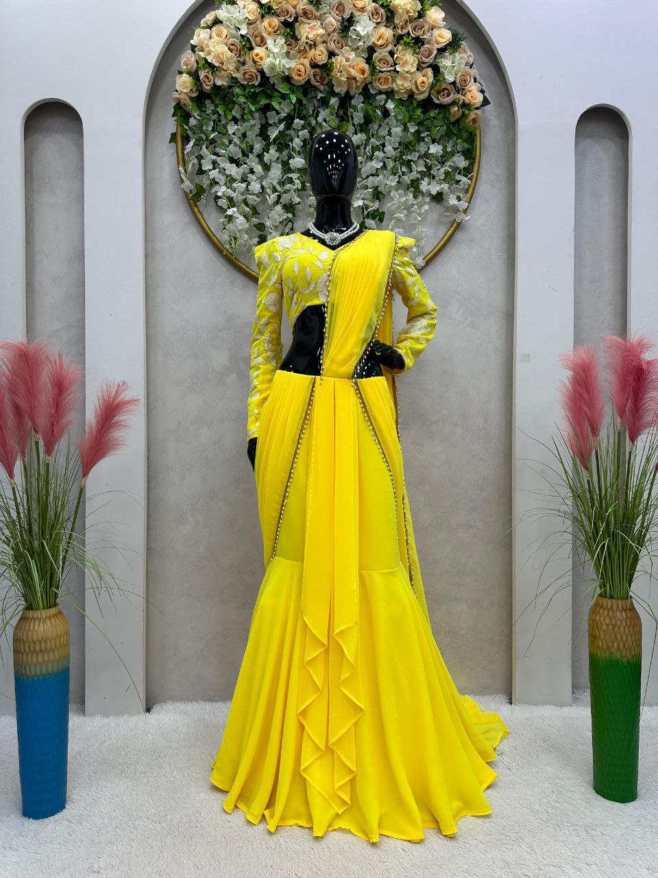 Beautiful Yellow Color Read to Wear Fish Cut Lehenga saree