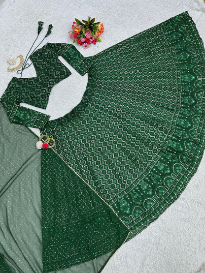 Beautiful Green Color  Georgette Sequence Work Lehenga Choli With Dupatta
