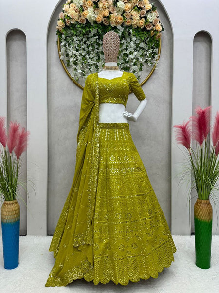 Beautiful Parrot Green Color Georgette Sequence Work Lehenga Choli With Dupatta