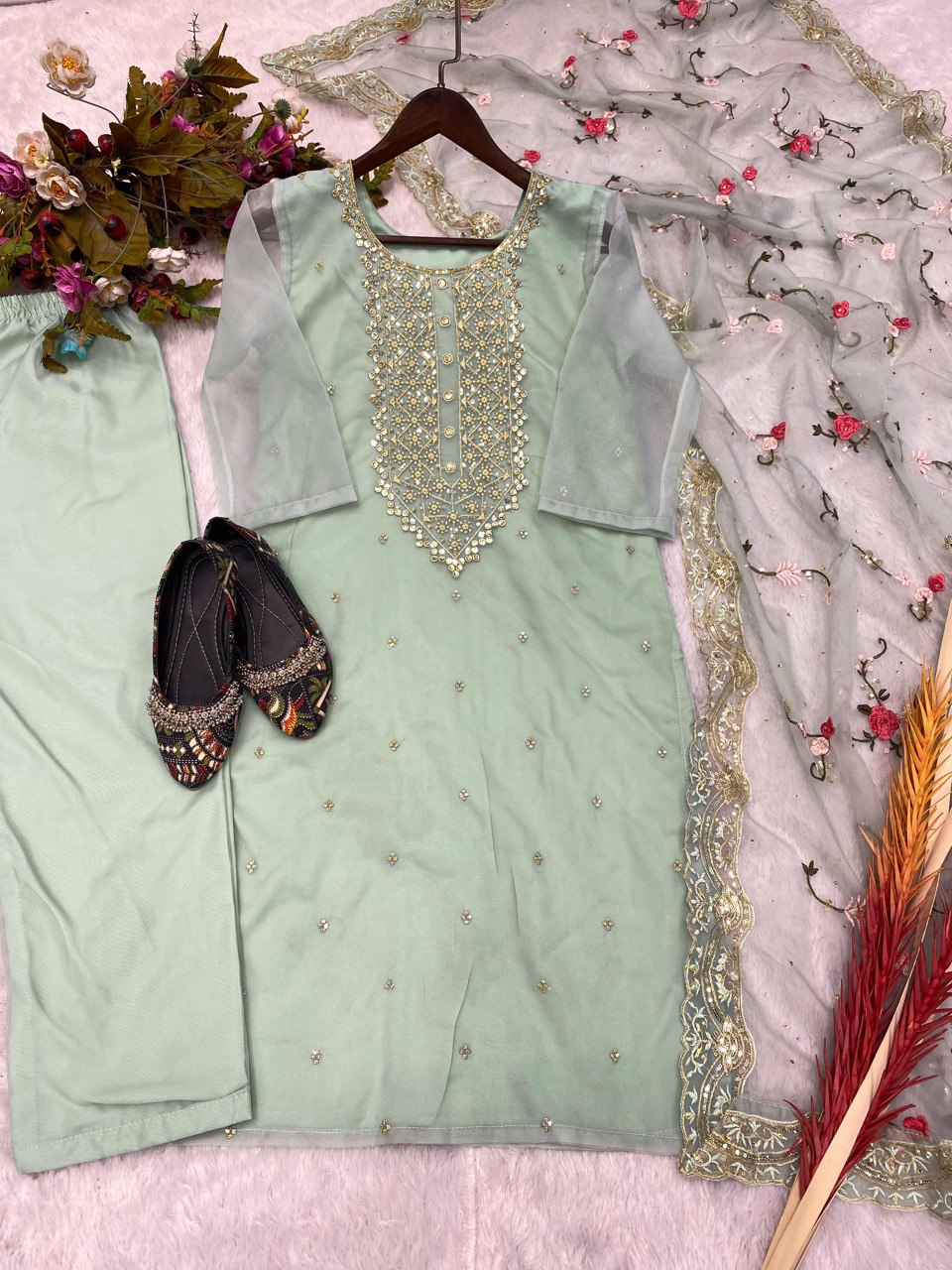 Designer Organza Kurta Set With Embroidery Sequence Work