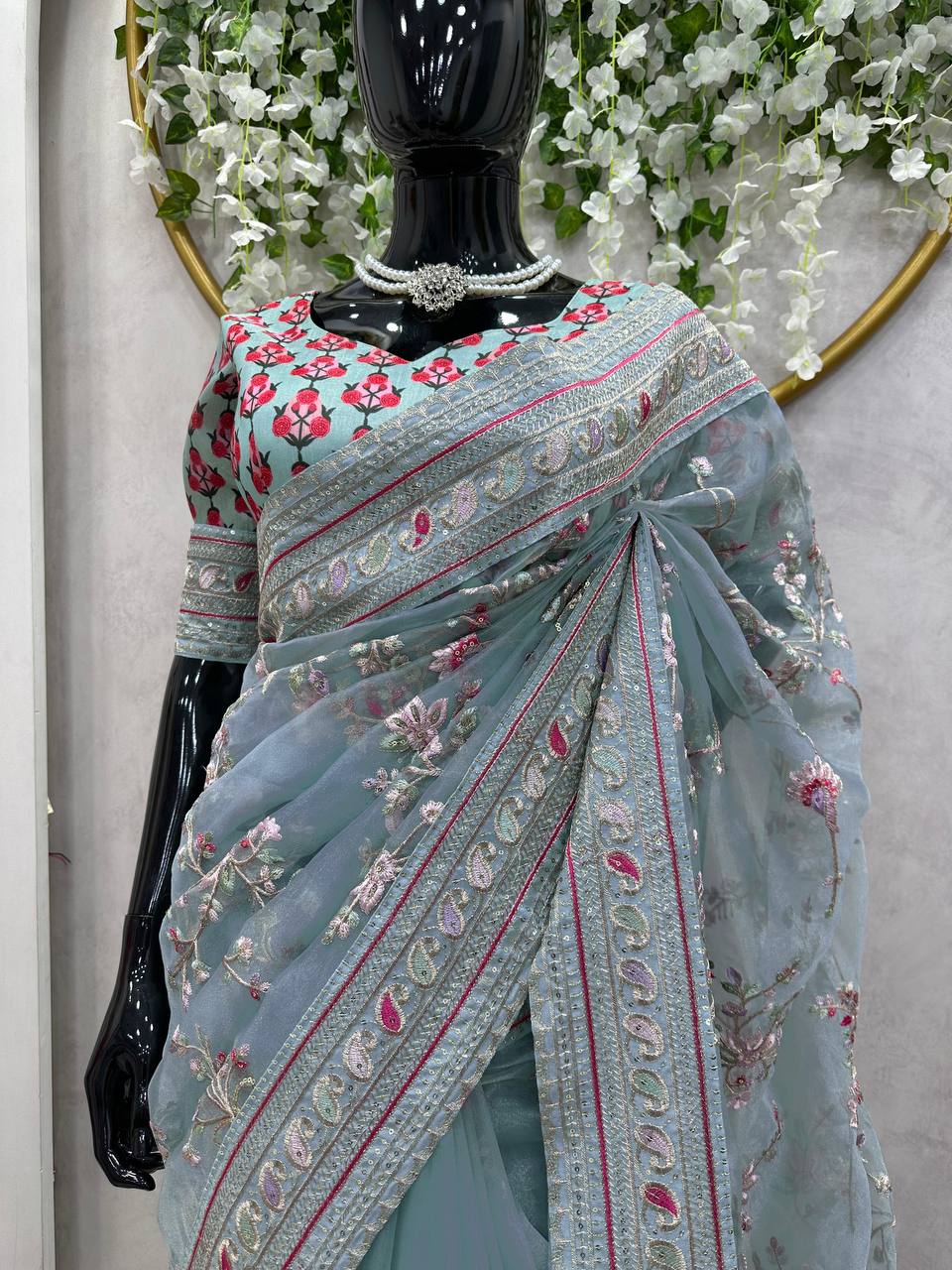 Party Wear Sea Green Color Organza Silk Sequence Thread Printed Work Saree Blouse
