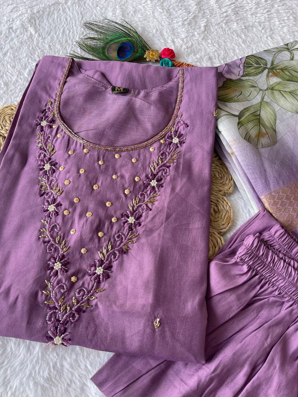 Magenta Color Party Wear Roman Silk Hand Work Ready Made Salwar Suit