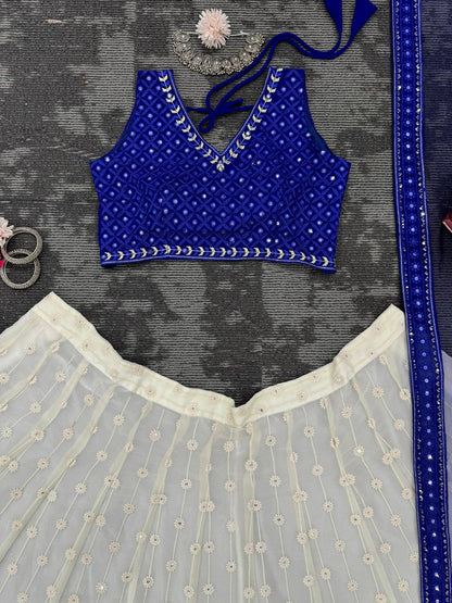 Designer Blue Color Georgette Sequence Work Wedding Wear Lehenga Choli