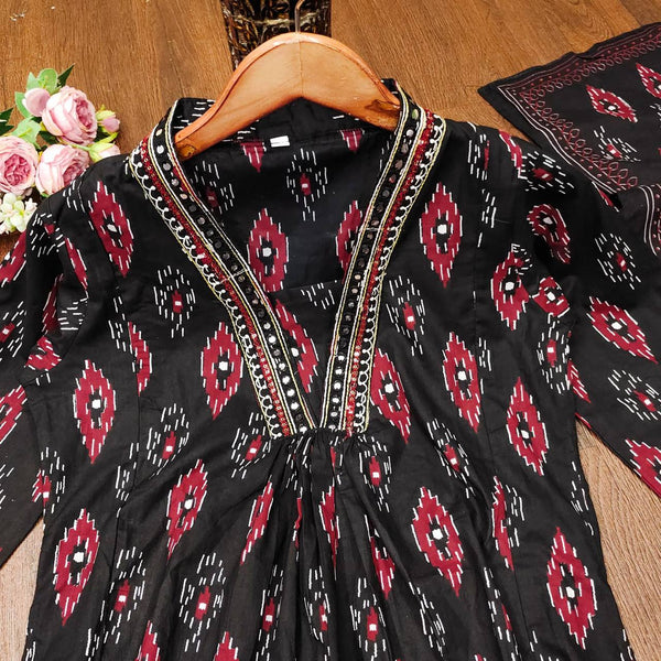 Awesome Black Color Cotton Printed Embroidery Work Salwar Suit