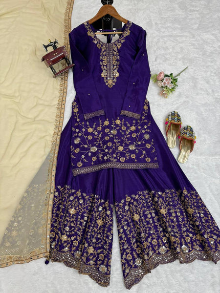 Violet Color Thread Sequence Work Chinon Silk Salwar Suit