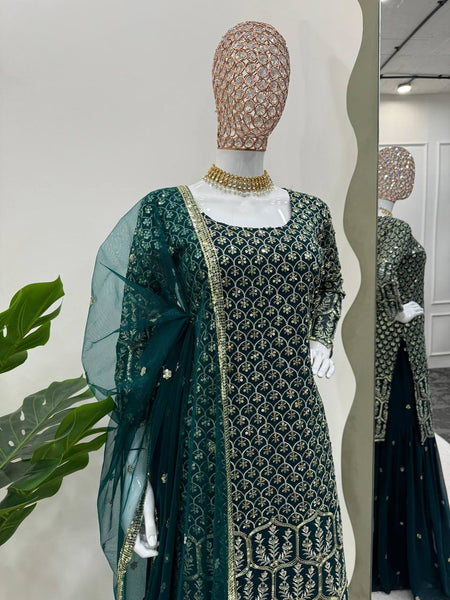 Party Wear Green Color Georgette Sequence Work Sharara Suit