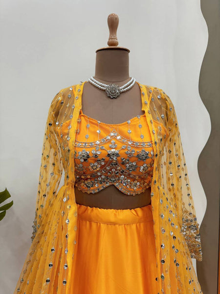 Yellow Color Japan Satin Sequence Thread Work Koti Lehenga Choli