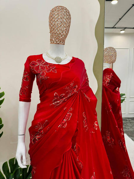 Latest Red Color Jimmy Chu Sequence Thread Work Saree Blouse