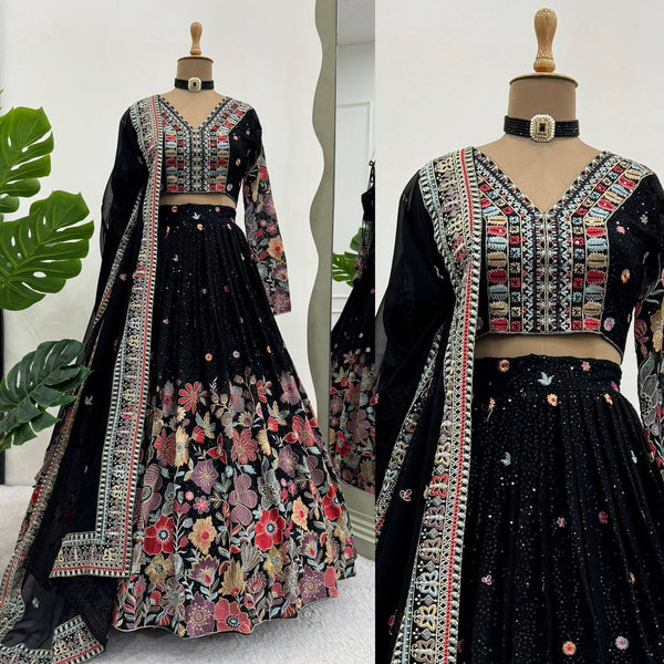 Designer Black Georgette With With Embroidered Work Lehenga