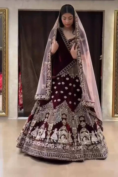 Wine Dulhan Velvet Bridal Lehenga With Double Dupatta