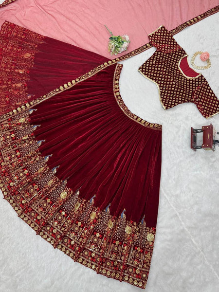 Latest Maroon Wedding Velvet Lehenga For Women