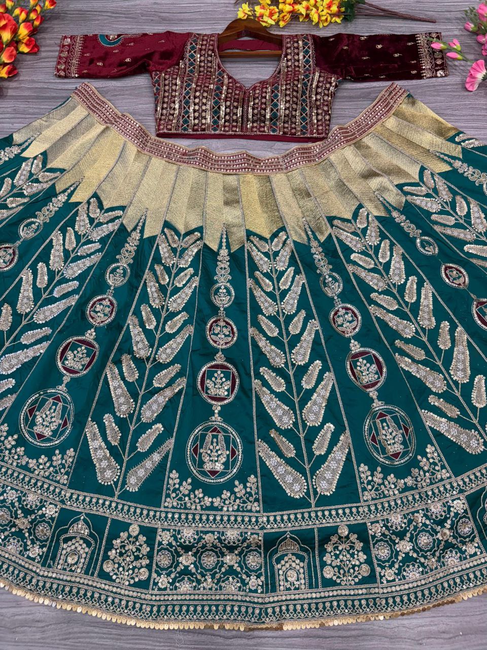 Rama Color Satin Silk Zari Lehenga Choli