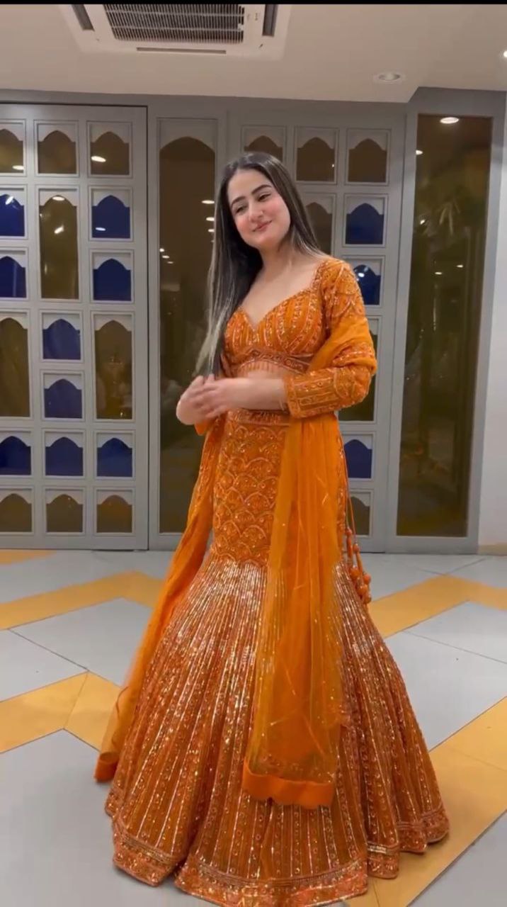 Orange Color Sequence Georgette Lehenga Choli