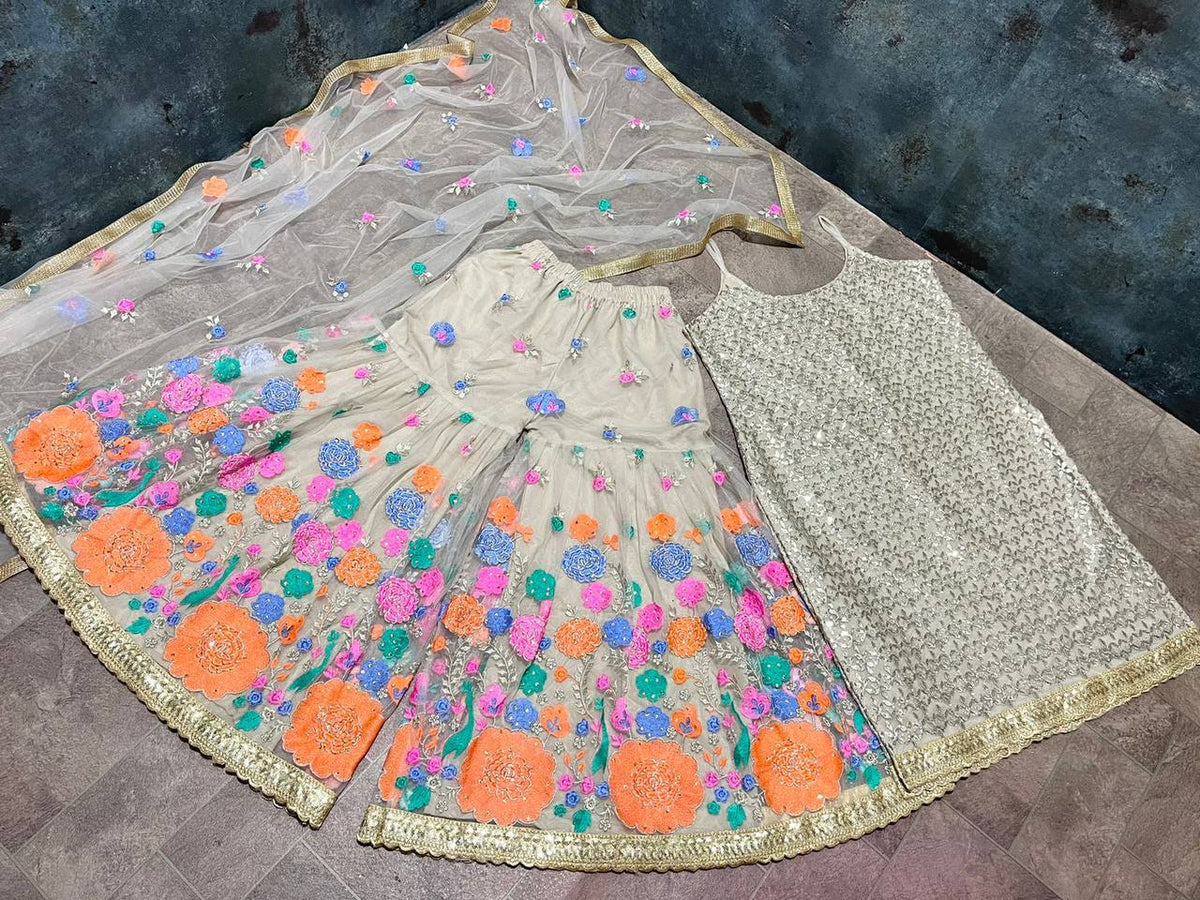 Designer Party Wear Sharara Palazzo Set with Embroidered Dupatta – Festive & Wedding Outfit