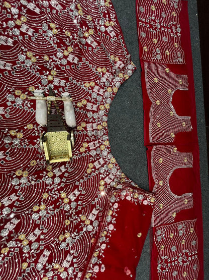 Red Net Party Wear Lehenga For Women