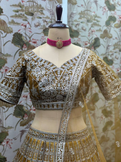 Mustard color Embroidery With Sequence Work Net Lehenga Choli