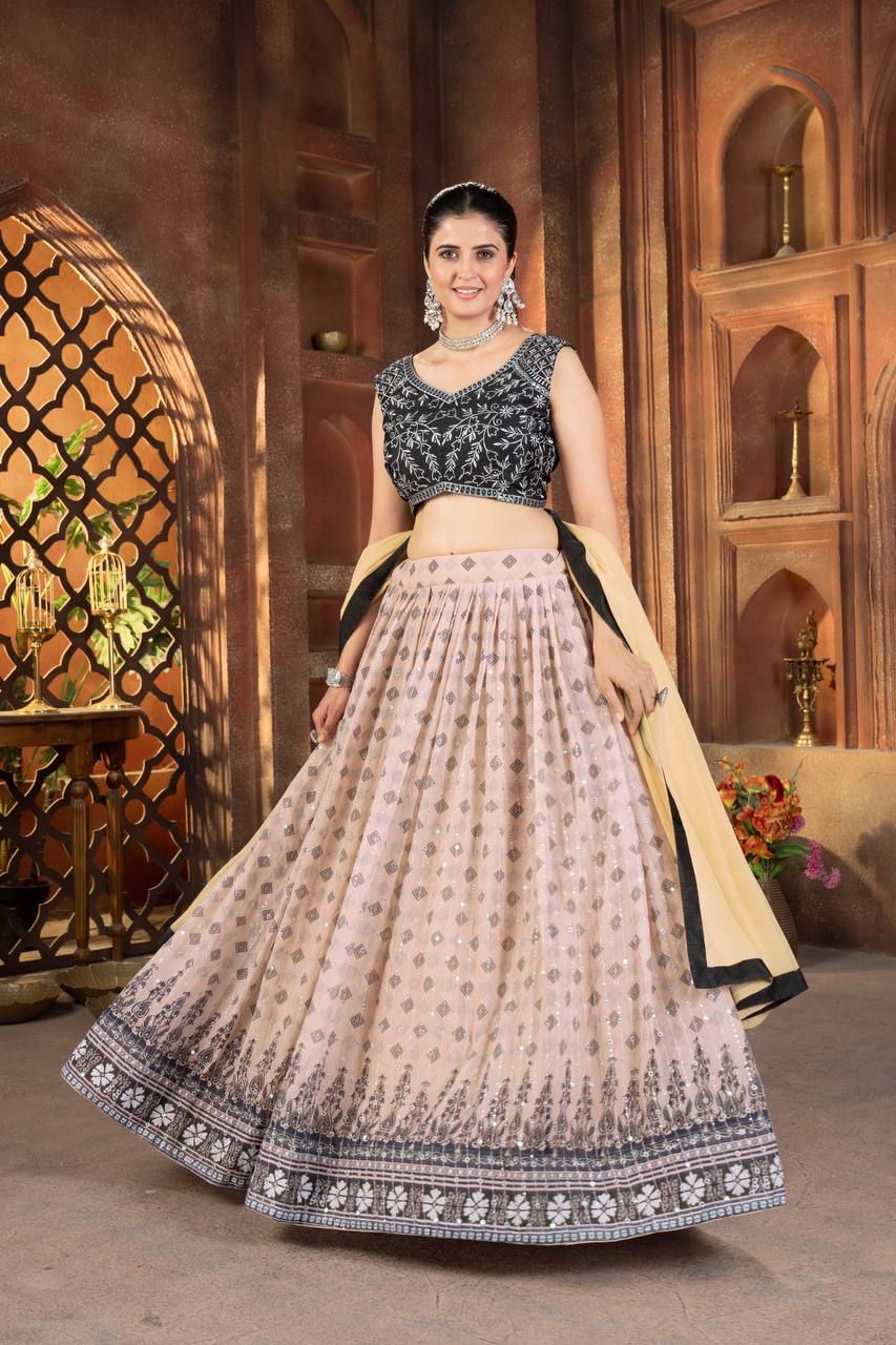 Cream Color Georgette Sequence 4 Meter Flair Lehenga Choli