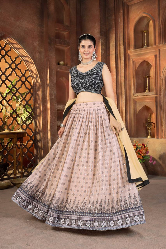 Cream Color Georgette Sequence 4 Meter Flair Lehenga Choli