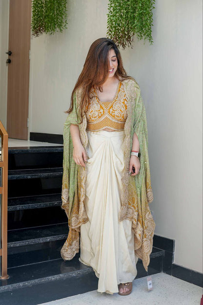 Ready to Wear Chinon Silk Multi Thread Work Indo Western Drape Saree