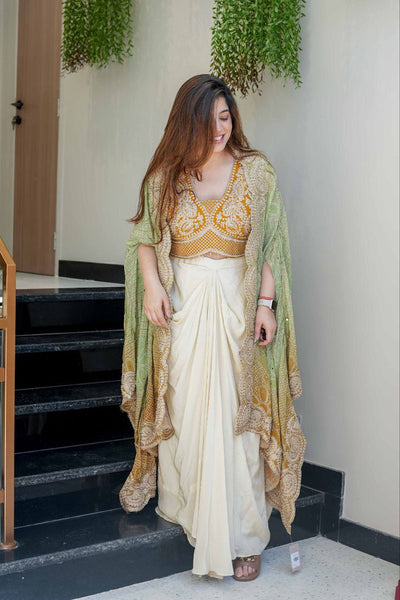 Ready to Wear Chinon Silk Multi Thread Work Indo Western Drape Saree