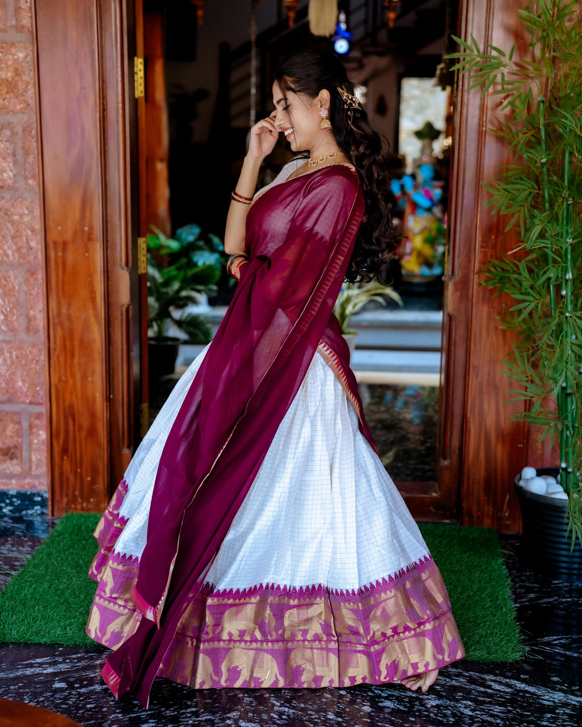 Off WHite Color Chex Weaving Zari Poly Cotton Lehenga Choli