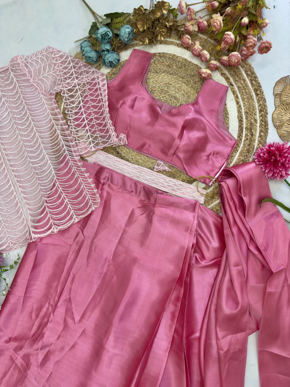 Pink Color Satin Silk Embroidered Ready to Wear Saree With Kotti