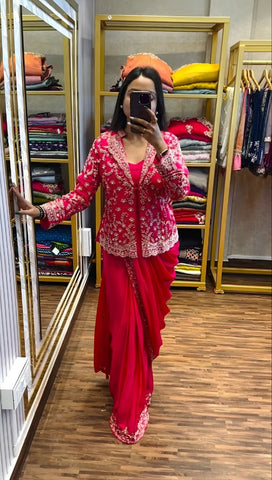 Red Color Ready to wear Chinon Silk Jacket Saree