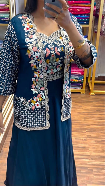 Blue Color Chinon Silk Jacket Saree